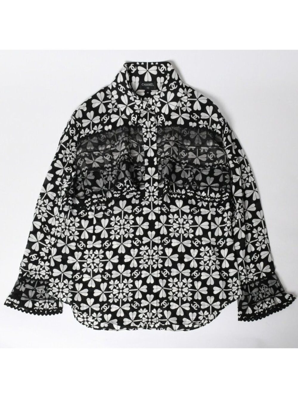 Chanel Long Sleeve Shirt CC Logo Silk Clover Black White All Over Print 48